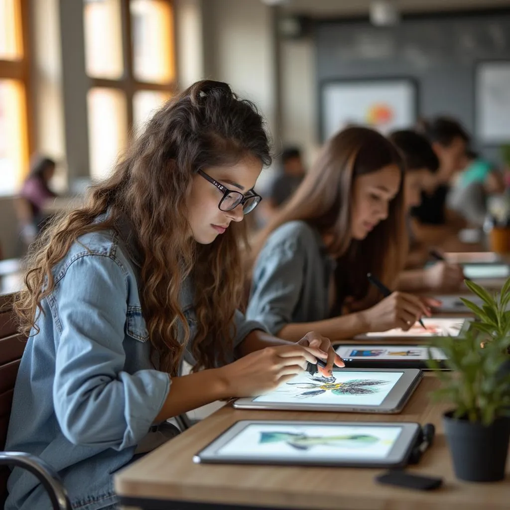 Estudiantes trabajando en proyectos de diseño gráfico